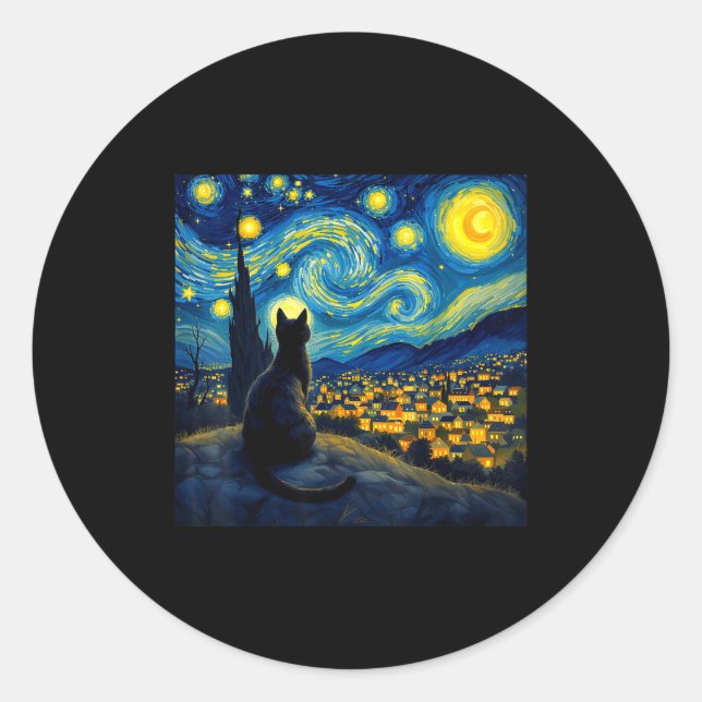 Black Cat Funny Cat Lover Mom Daddy Starry Night V Runder Aufkleber (Vorderseite)