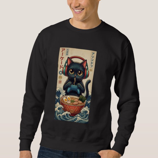 Black Cat Gamer Eating Ramen Japanese Kawaii Anime Sweatshirt (Vorderseite)