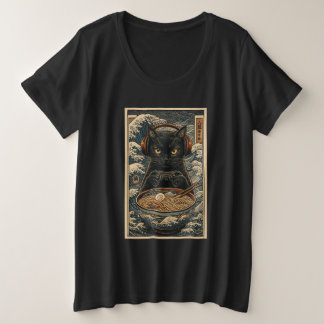 Black Cat Gamer with Ramen & Headphones Japanese A Große Größe T-Shirt
