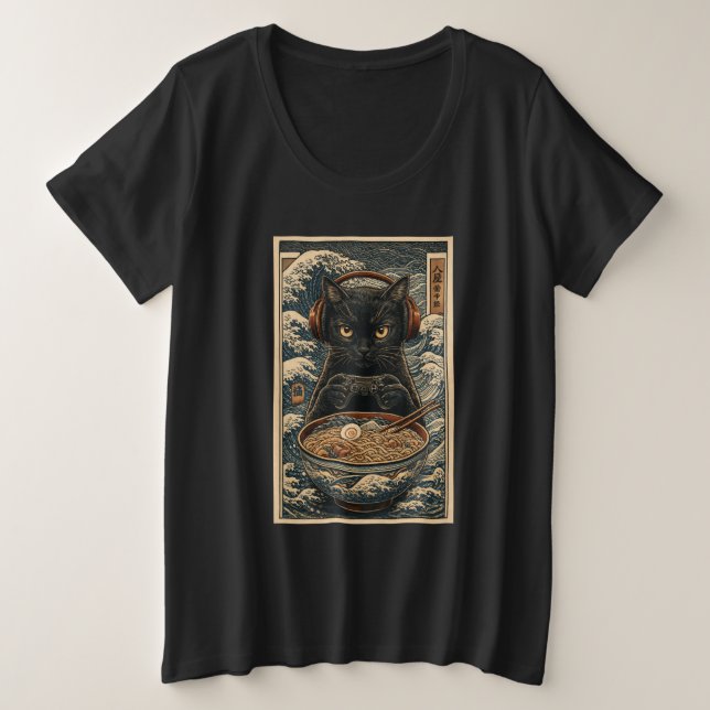 Black Cat Gamer with Ramen & Headphones Japanese A Große Größe T-Shirt (Design vorne)