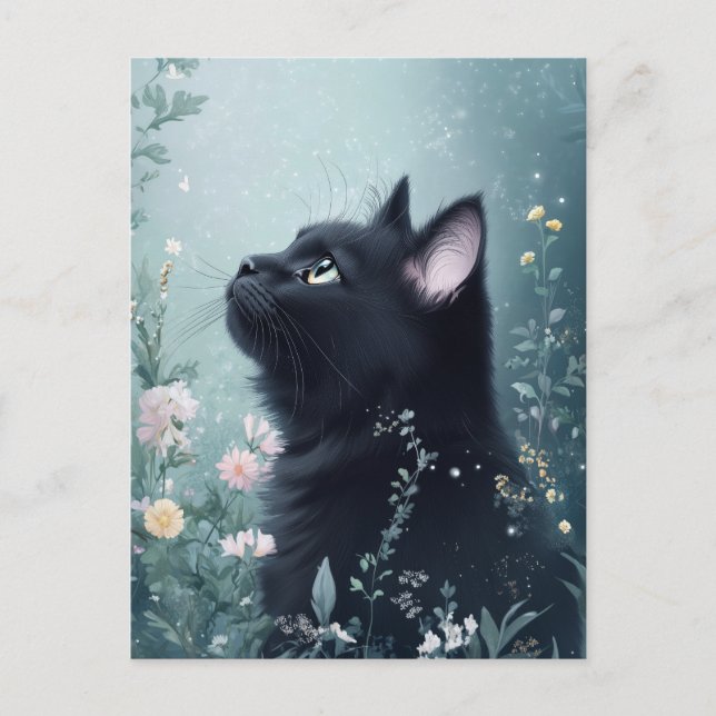 Black Cat Gazing Upward in Magical Flower Garden Postkarte (Vorderseite)