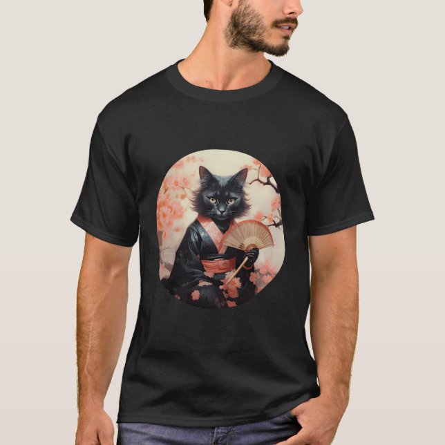 Black Cat Geisha Funny Pet Kimono T-Shirt (Vorderseite)