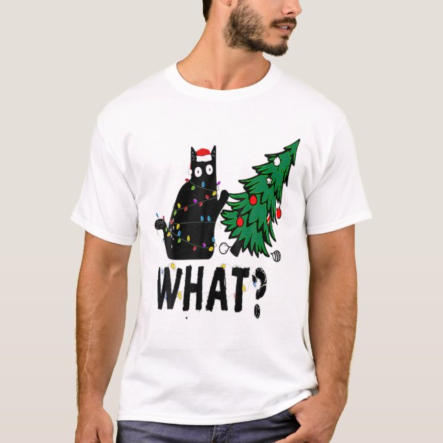 Black Cat Geschenk Pushing Weihnachtsbaum über Kat T-Shirt (Vorderseite)