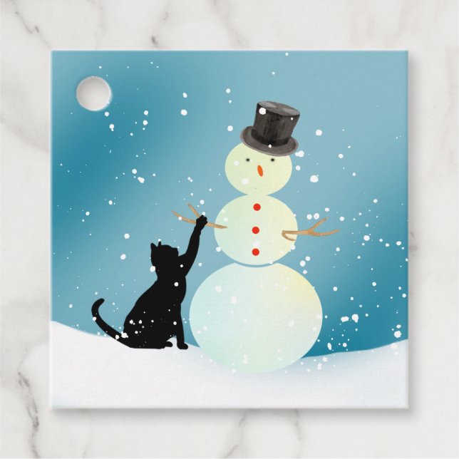 Black Cat Gestalten eines Schneemanns Weihnachtsge Geschenkanhänger (Vorderseite)