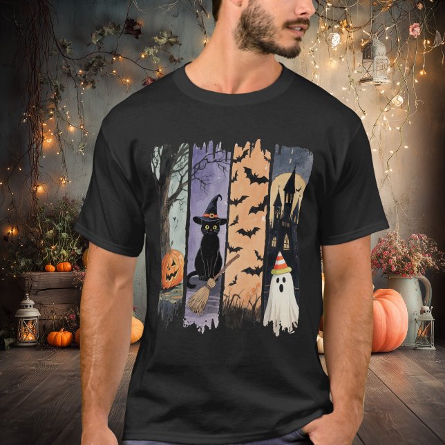 Black Cat, Ghost, Pumpkin, Bats & Haunted House T-Shirt (Von Creator hochgeladen)