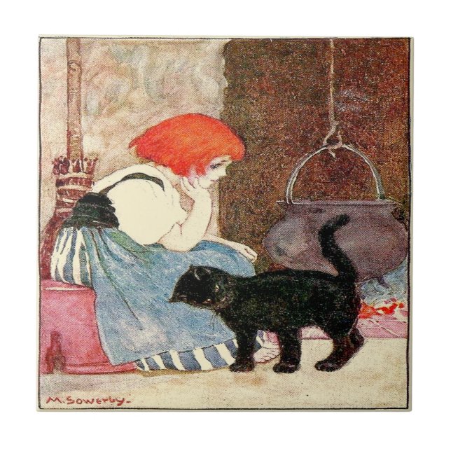 Black Cat Girl mit Red Hair Sowerby Fliese (Vorderseite)