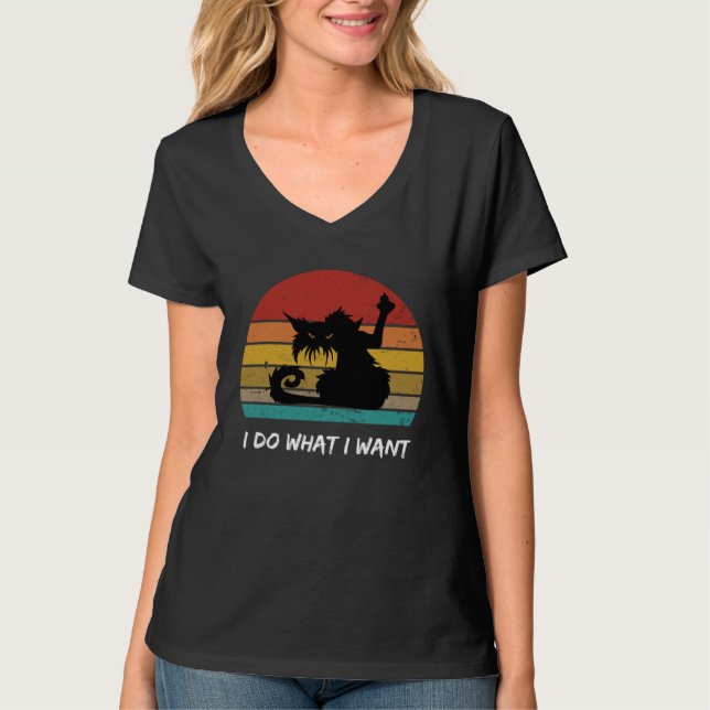 Black Cat Giving Middle Finger Retro I Do What I W T-Shirt (Vorderseite)