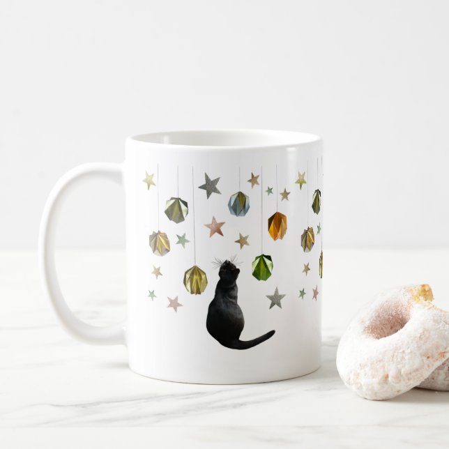 Black Cat Gold Balls and Stars Tasse (Mit Donut)
