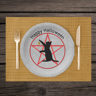 Black Cat Gold Star Rot Pentagramm Halloween Pappteller