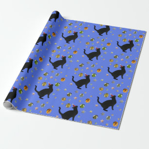 Black Cat Gold Stars Blue Wrapping Paper Geschenkpapier