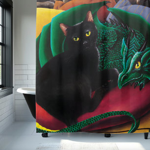 Black Cat Green Dragon Duschvorhang