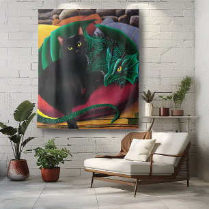 Black Cat Green Dragon Wandteppich