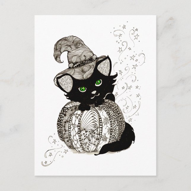 Black Cat Green Eyes Pumpkin Postkarte (Vorderseite)