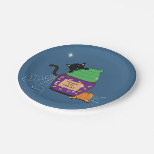 Black Cat Halloween Blue Paper Plate Pappteller