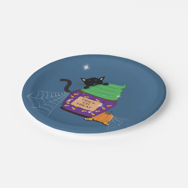 Black Cat Halloween Blue Paper Plate Pappteller (Schrägansicht)