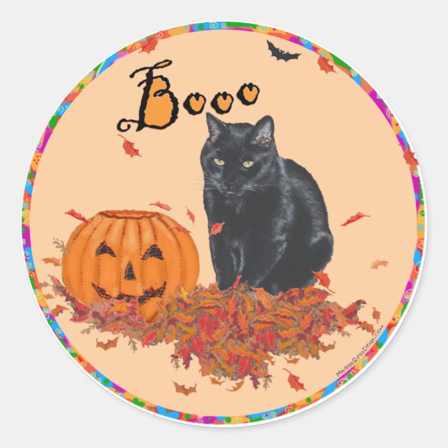 Black Cat Halloween BOO! Runder Aufkleber (Vorderseite)
