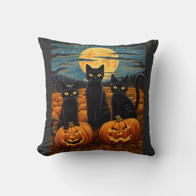 Black Cat Halloween Cat Lovers Starry Night Cat Va Kissen (Vorderseite)
