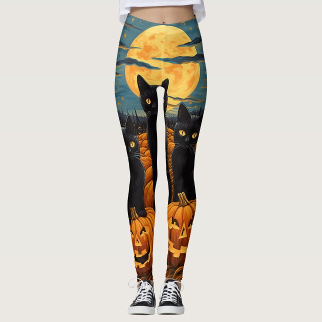 Black Cat Halloween Cat Lovers Starry Night Cat Va Leggings (Vorderseite)