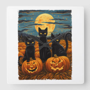 Black Cat Halloween Cat Lovers Starry Night Cat Va Quadratische Wanduhr