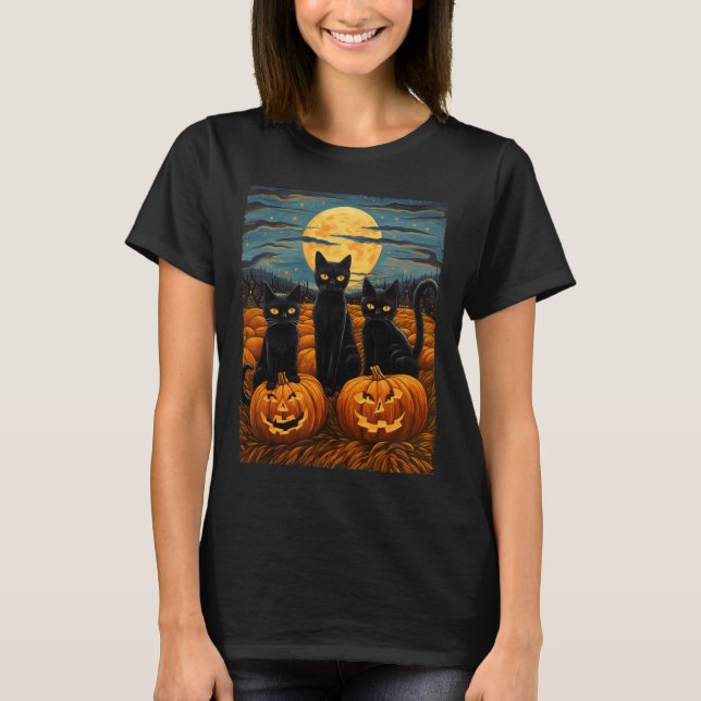 Black Cat Halloween Cat Lovers Starry Night Cat Va T-Shirt (Vorderseite)