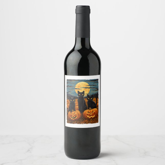 Black Cat Halloween Cat Lovers Starry Night Cat Va Weinetikett (Vorderseite)