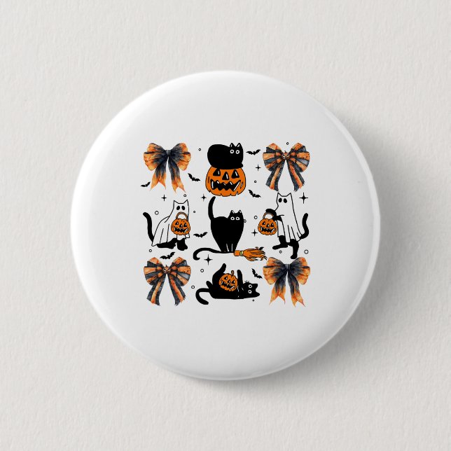 Black Cat Halloween Coquette Bow Halloween Pumpkin Button (Vorderseite)