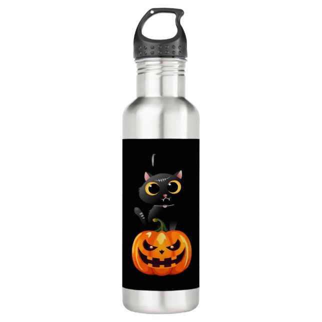 Black Cat Halloween Design � Spooky Pumpkin Art fo Edelstahlflasche (Vorderseite)
