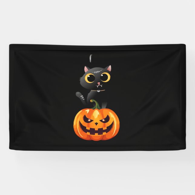 Black Cat Halloween Design - Spooky Pumpkin Art of Banner (Horizontal)