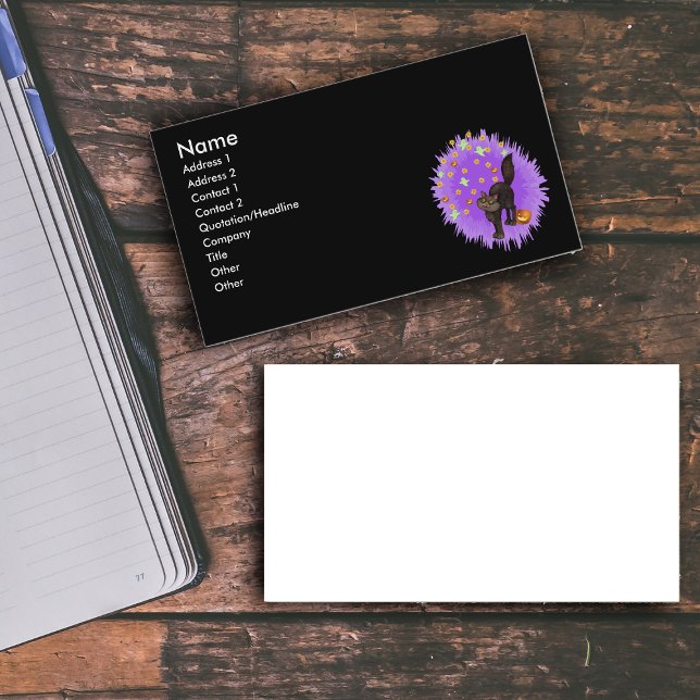 Black Cat Halloween Fireworks Custom Business Card Visitenkarte (Cute black cat arched back with pumpkins ghosts stars in purple starburst on black business cards.)