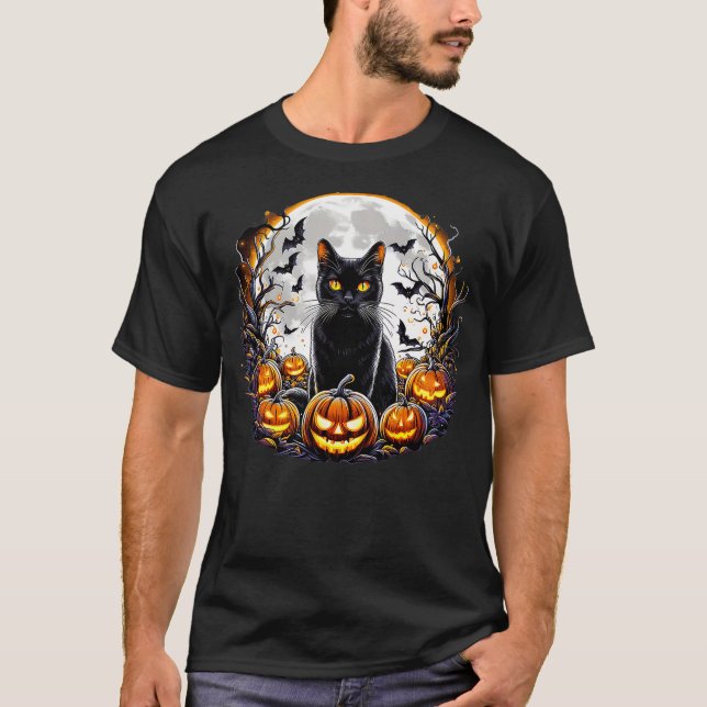 Black Cat Halloween Full Moon Bat Pumpkin Night Sc T-Shirt (Vorderseite)