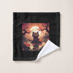 Black Cat Halloween_ Große Welle und Pumpkins Waschlappen