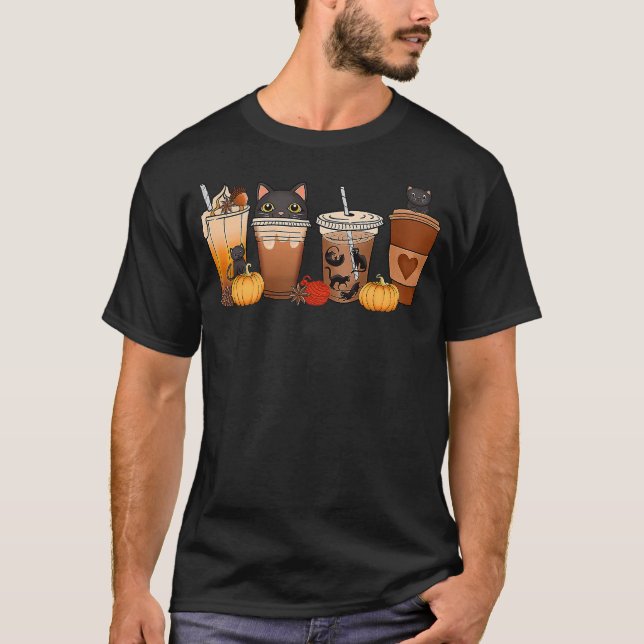 Black Cat Halloween Iced Coffee Cups Fall Pumpkin  T-Shirt (Vorderseite)