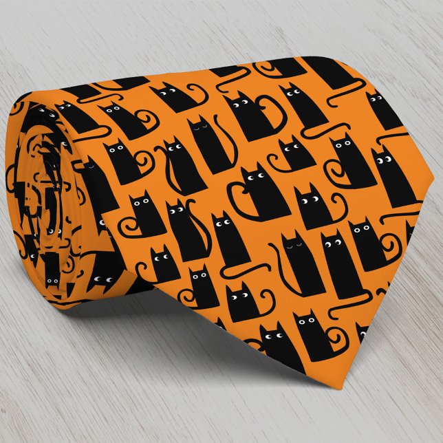 Black Cat Halloween Orange Krawatte (Fun black cat pumpkin orange Halloween neck tie for animal lovers)