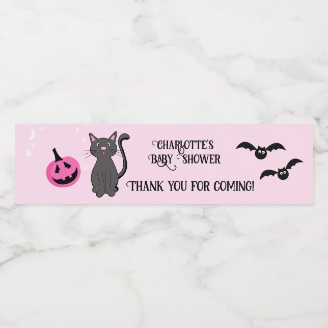 Black Cat Halloween Pink Girl Baby Dusche Gefallen Wasserflaschenetikett (Einzelnes Label)