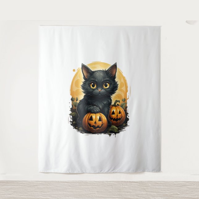 Black Cat Halloween Pumpkin - Katze Wandteppich (Vorderseite)