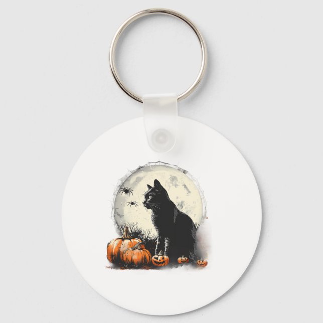Black Cat Halloween Spooky Moon Artwork Pumpkin Sp Schlüsselanhänger (Vorderseite)