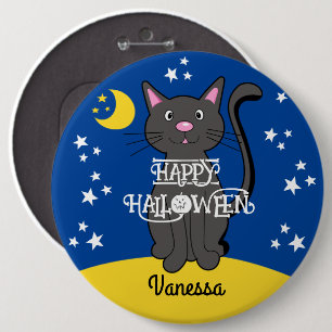 Black Cat Halloween Stars Moon Niedlich Kids Button