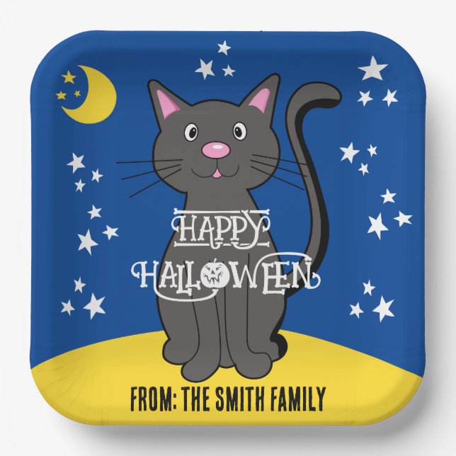 Black Cat Halloween Stars Moon Niedlich Kids Pappteller (Vorderseite)
