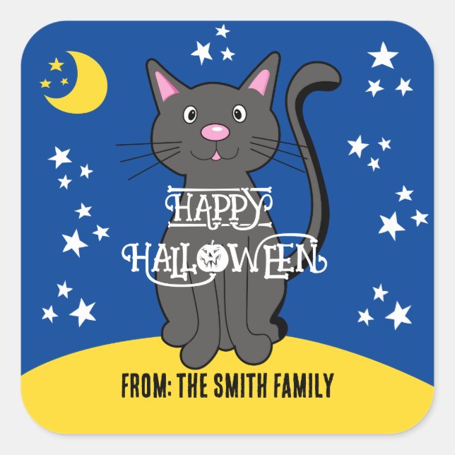 Black Cat Halloween Stars Moon Niedlich Kids Quadratischer Aufkleber (Vorderseite)