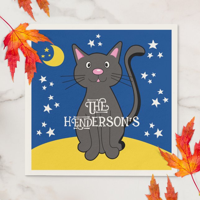 Black Cat Halloween Stars Moon Niedlich Kids Serviette (Write your own text on these cute Spooky Cat Halloween Napkins! )