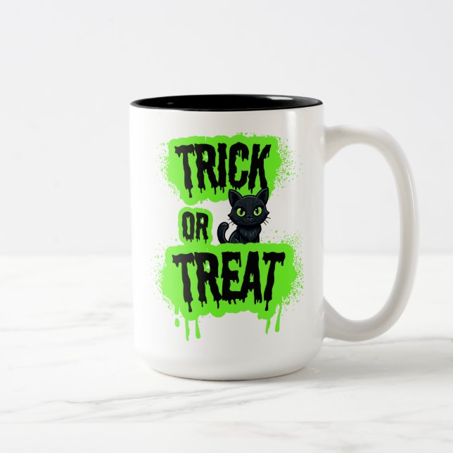 Black Cat Halloween Trick oder Treat Neon Spooky G Zweifarbige Tasse (Rechts)