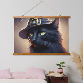 Black Cat Halloween Wandteppich Mit Holzrahmen