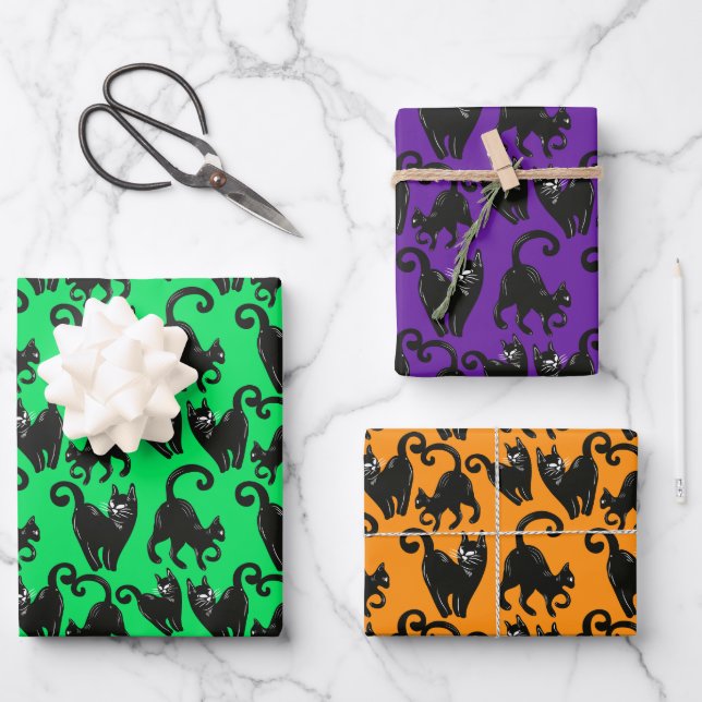 Black Cat Halloween Wrapping Paper Set Geschenkpapier Set (Vorderseite)