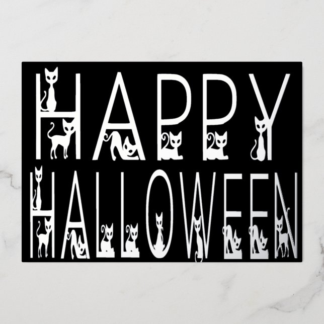Black Cat "Happy Halloween" Typografie-Design Folieneinladung (Vorderseite)