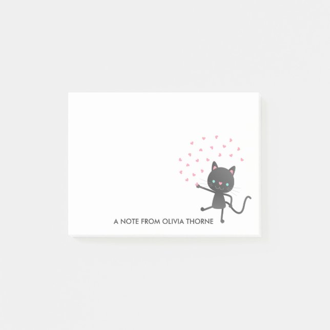 Black Cat & Hearts - Individuelle Name Post-it Klebezettel (Vorderseite)