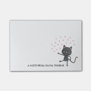 Black Cat & Hearts - Individuelle Name Post-it Klebezettel