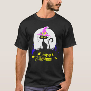 Black Cat Hexe Happy Halloween Moon T-Shirt