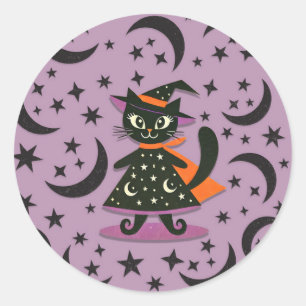 Black Cat Hexe Lila Moon Stars Halloween-Party Runder Aufkleber