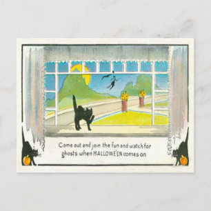 Black Cat Hexenfenster Kürbislaterne Pumpkin Moon Postkarte