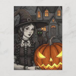 Black Cat Hexenkürbis Halloween Postcard Postkarte